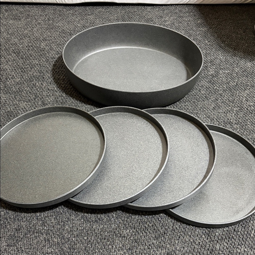 Cal-Mil Hudson 10 1/4" Black Low Rim Melamine Plates - Set of 4 & Matching Bowl